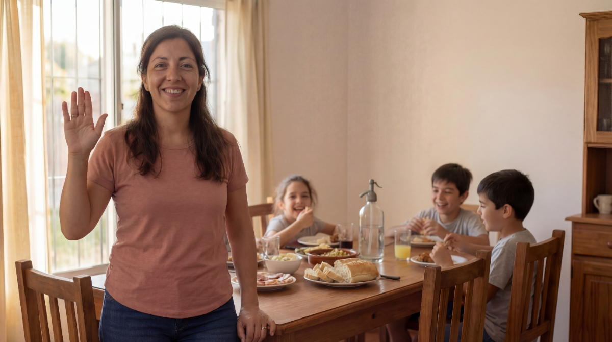 Mamá saludando mientras sus hijos almuerzan